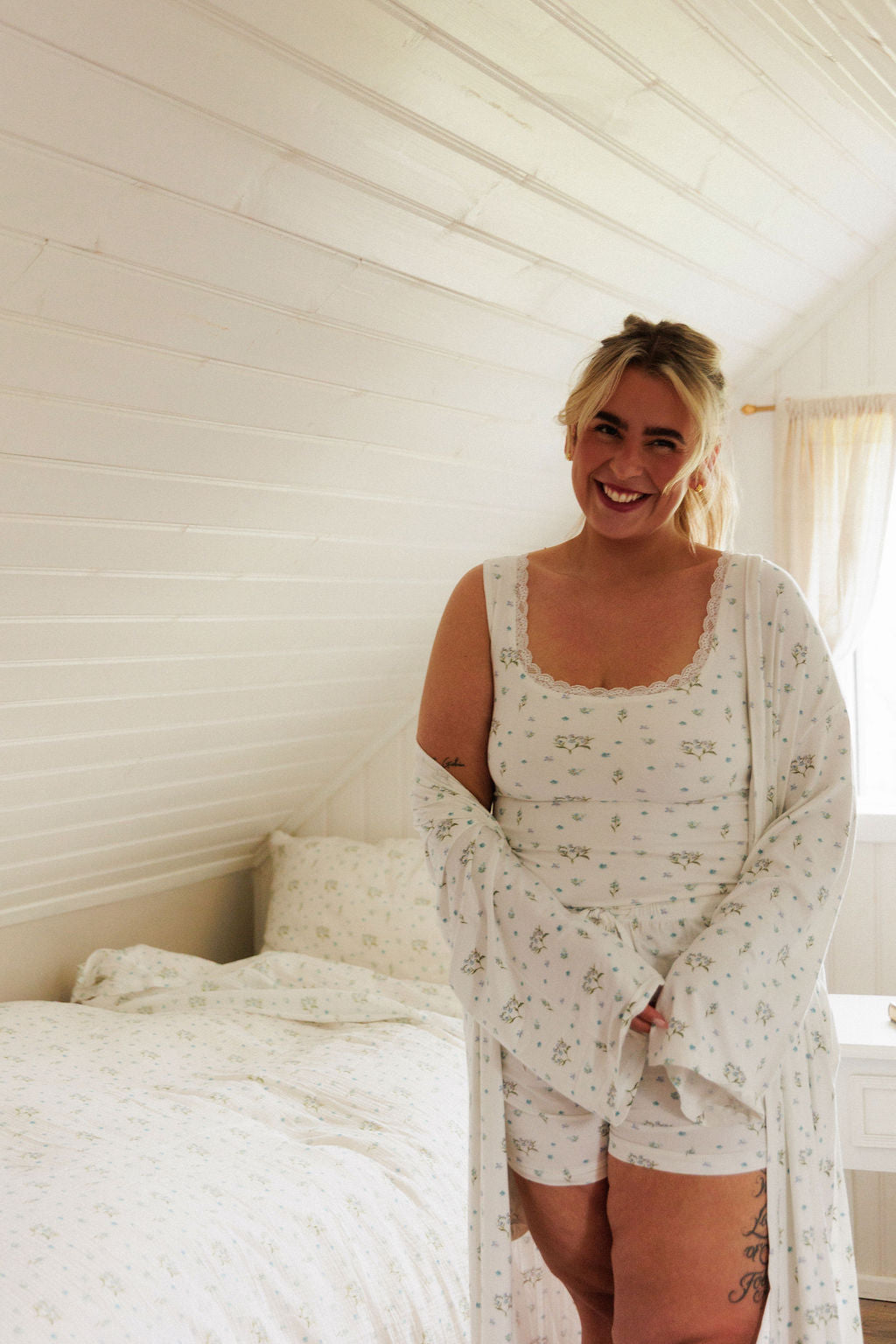 1068 - Bambus sloppur með handmáluðu gleymmérei-mynstri
